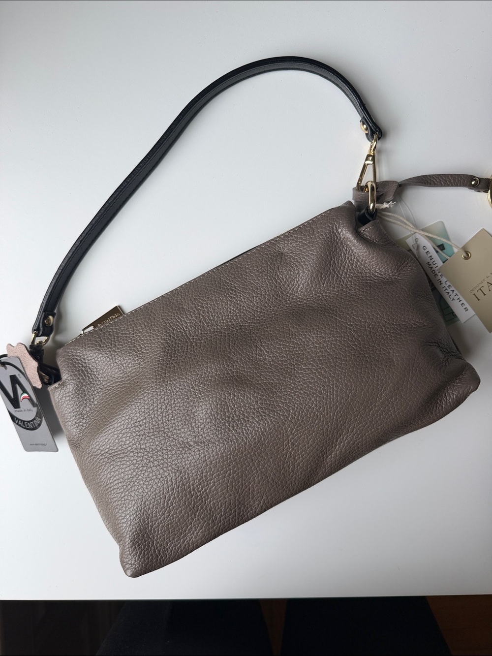 Valentina Pebbled Leather Wristlet Clutch in Taupe and Black